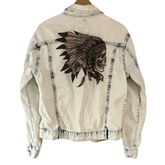 G by Guess White Denim Jacket with Feathered Headdress Skull Print on Back - Picture 1 of 6